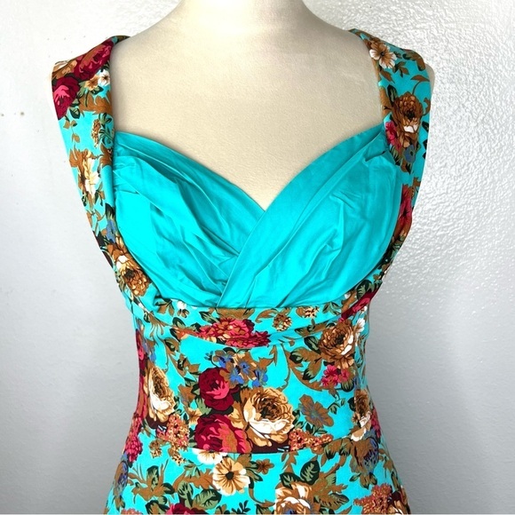 LINDY BOP Ophelia Turquoise Floral Print Swing Dress Midi Fit & Flare Size XS - Picture 6 of 14